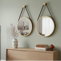 Kit 2 Espelhos Redondo Adnet Decorativo Suspenso com Alça 40cm + Suporte Dourado com Alça Caramelo