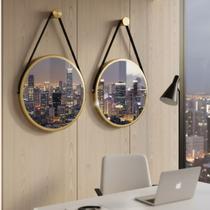 Kit 2 Espelhos Redondo Adnet Decorativo Suspenso com Alça 50cm + Suporte Dourado com Alça Preta