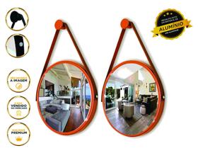 Kit 2 Espelhos Redondo Decorativo Suspenso Alça 30cm + suporte Cobre Alça Caramelo