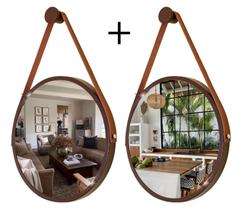 Kit 2 Espelhos Redondo Decorativo Suspenso Alça 30cm + Suporte Marrom Alça Caramelo