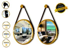Kit 2 Espelhos Redondo Decorativo Suspenso Alça 40cm + suporte Dourado alça caramelo