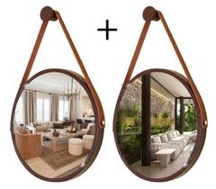 Kit 2 Espelhos Redondo Decorativo Suspenso Alça 40cm + suporte Marrom Alça Caramelo