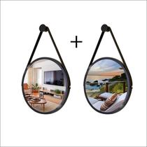 Kit 2 Espelhos Redondo Decorativo Suspenso Alça 40cm + Suporte Preto Alça Preta
