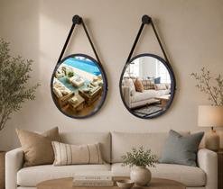 Kit 2 Espelhos Redondo Decorativo Suspenso Alça 40cm + Suporte Preto Alça Preta