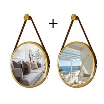 Kit 2 Espelhos Redondo Decorativo Suspenso Alça 50cm + suporte Dourado alça caramelo Kit 2 Espelhos Redondo Decorativo Suspenso Alça 50cm + suporte Dourado alça caramelo