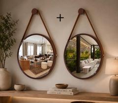 Kit 2 Espelhos Redondo Decorativo Suspenso Alça 50cm + suporte Marrom Alça Caramelo