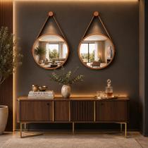 Kit 2 Espelhos Redondo Decorativo Suspenso Alça 60cm + Suporte Cobre Alça Caramelo