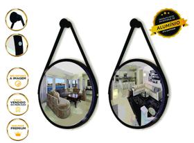 Kit 2 Espelhos Redondo Decorativo Suspenso Alça 60cm + suporte Preto Alça Preta