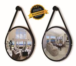 Kit 2 Espelhos Redondo Decorativo Suspenso Alça 60cm + suporte Preto Alça Preta