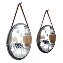 Kit 2 espelhos redondo para sala para quarto de parede retro novo com alça 58 e 48 cm preto e marrom