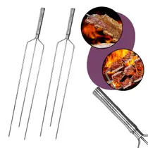 Kit 2 Espetos Triplos Aço Inox para Churrasco Profissional Costela Carne Linguiça Aperitivos Fogo de Chão Churrasqueira Alvenaria Portátil