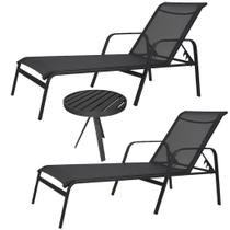 Kit 2 Espreguiçadeira em Alumínio e Tela Sling Modelo Reto + Mesa Lateral 3 Pés Kit 2 Espreguiçadeira em Alumínio e Tela Sling Modelo Reto + Mesa Lateral 3 Pés