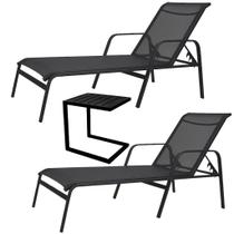 Kit 2 Espreguiçadeira em Alumínio e Tela Sling Modelo Reto + Mesa Lateral Em C