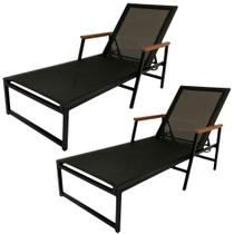 Kit 2 Espreguiçadeira em Alumínio e Tela Sling Modelo Zurick Braços de Madeira