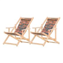 Kit 2 Espreguiçadeira Preguiçosa Dobrável Madeira Maciça Com Braço Natural Com Tecido Cor Tijolos