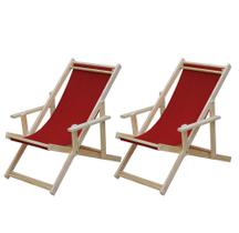 Kit 2 Espreguiçadeira Preguiçosa Dobrável Madeira Maciça Com Braço Natural Com Tecido Cor Vermelho