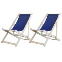 Kit 2 Espreguiçadeira Preguiçosa Dobrável Madeira Maciça Sem Braço Natural Com Tecido Cor Azul Marinho