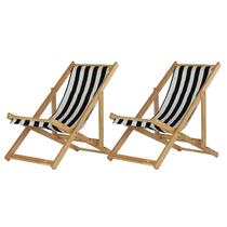 Kit 2 Espreguiçadeira Preguiçosa Dobrável Madeira Maciça Sem Braço Natural Com Tecido Cor Listrado Preto e Branco