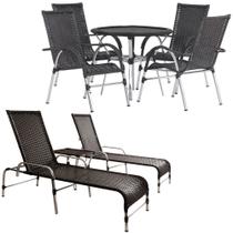 Kit 2 Espreguiçadeiras Catar 2 Mesas e 4 Cadeiras Vênus para Piscina, Varanda Trama Original Kit 2 Espreguiçadeiras Catar 2 Mesas e 4 Cadeiras Vênus para Piscina, Varanda Trama Original