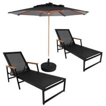 Kit 2 Espreguiçadeiras Confortável Reclinável Piscina Jardim + Ombrelone Preto