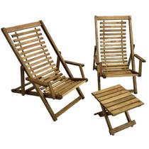 Kit 2 Espreguiçadeiras de Madeira com Mesinha Banquinho Multiuso