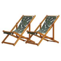 Kit 2 Espreguiçadeiras Dobrável Sem Braço Madeira Maciça Envernizada Mel Com Tecido Folhas Verdes Kit 2 Espreguiçadeiras Dobrável Sem Braço Madeira Maciça Envernizada Mel Com Tecido Folhas Verdes