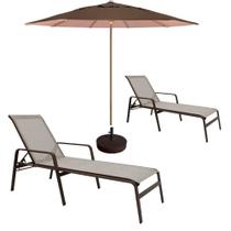 Kit 2 Espreguiçadeiras Piscina Sevilha + Guarda Sol Praia Com Base Capuccino