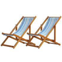 Kit 2 Espreguiçadeiras Preguiçosa Dobrável Envernizada Cor Mel Madeira Maciça Sem Braço Tecido Cor Listras Azul