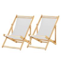 Kit 2 Espreguiçadeiras Preguiçosa Dobrável Madeira Maciça Sem Braço Natural Tecido Branco