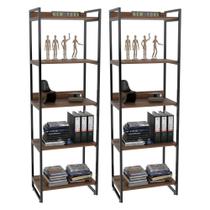 Kit 2 Estantes Livreiro Prisma Estilo Industrial 60cm 5 Prateleiras Nogal - Mpozenato Kit 2 Estantes Livreiro Prisma Estilo Industrial 60cm 5 Prateleiras Nogal - Mpozenato
