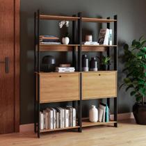 Kit 2 Estantes para Livros 2 Portas 10 Prateleiras Estilo Industrial Lâmina Mel/Preto - BRV Móveis