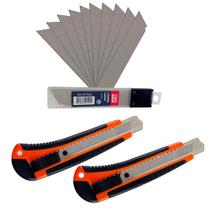 Kit 2 Estilete Emborrachado Largo Lâmina 18mm + 10 Lâmina De Reposição Inox Multiuso