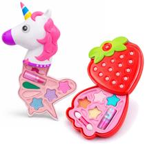 Kit 2 Estojo de Maquiagem Meninas de Unicórnio e Morango Infantil