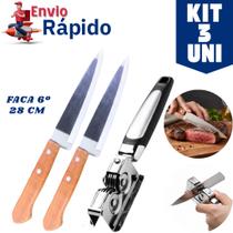 Kit 2 Faca De Cozinha N6 Inox Cabo De Madeira E 1 Afiador Amolador De Facas Em Inox Profissional Kit 2 Faca De Cozinha N6 Inox Cabo De Madeira E 1 Afiador Amolador De Facas Em Inox Profissional