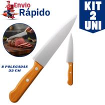 Kit 2 Facas Chef Profissional Inox Cabo Madeira Alta Qualidade Cozinha Gourmet 8 Polegadas