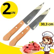 Kit 2 Facas Inox 30,3cm Cabo Madeira Rústico Ideal para Cozinha e Churrasco