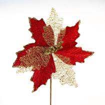 Kit 2 Flores Com Cabo Artificial Brilho Natal Vermelha 24cm