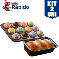 Kit 2 Formas Forno Antiaderente Pão Bolo 32 CM Forma Cupcake Coxinha 12 Cavidades