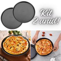 Kit 2 Formas Pizza Redonda Aço Carbono Assadeira Antiaderente Bandeja Resistente