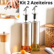 Kit 2 Galheteiros Porta Azeite e Vinagre de Vidro e Aço Inox com Dosador