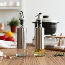 Kit 2 Galheteiros Porta Azeite e Vinagre de Vidro Premium e Aço Inox com Dosador