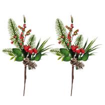 Kit 2 Galhos Pick Nevado Natal Pinhas Naturais, Berries e Folhagens 26cm - Art Christmas