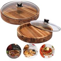 Kit 2 Gamelas De Madeira 36,5cm e 30cm com Tampa de Vidro Premium