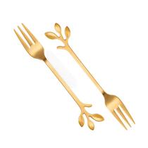 Kit 2 Garfos Fruta E Sobremesa Inox Dourado Folha