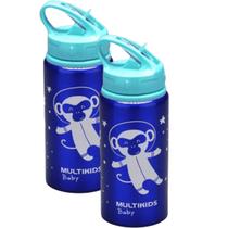 Kit 2 Garrafinha Azul Refresh Alumínio 500ml Canudo Multikid