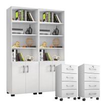Kit 2 Gaveteiros Para Escritório Gávea Com Chave E 2 Livreiros Office Com Portas Pequenas Branco Fosco Móveis Leão