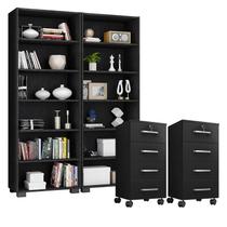 Kit 2 Gaveteiros para Escritório Gávea com Chave e 2 Livreiros Office Preto Fosco Móveis Leão Kit 2 Gaveteiros para Escritório Gávea com Chave e 2 Livreiros Office Preto Fosco Móveis Leão