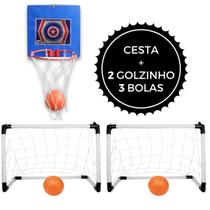 Kit 2 Golzinho Trave Futebol Infantil + Cesta De Basquete dos Heróis Tabela com 3 Bolas
