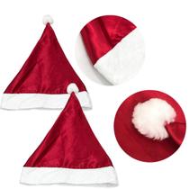 Kit 2 Gorro Natalino Touca Natal Papai Noel e Mamae Noel Cetim Adulto Vermelha e Branco com Pompom