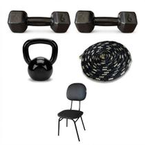 Kit 2 halteres 6kg cadeira corda de pular kettlebell 12kg peso para treino musculação, fitness, resistência e funcional para todos os níveis Kit 2 halteres 6kg cadeira corda de pular kettlebell 12kg peso para treino musculação, fitness, resistência e funcional para todos os níveis